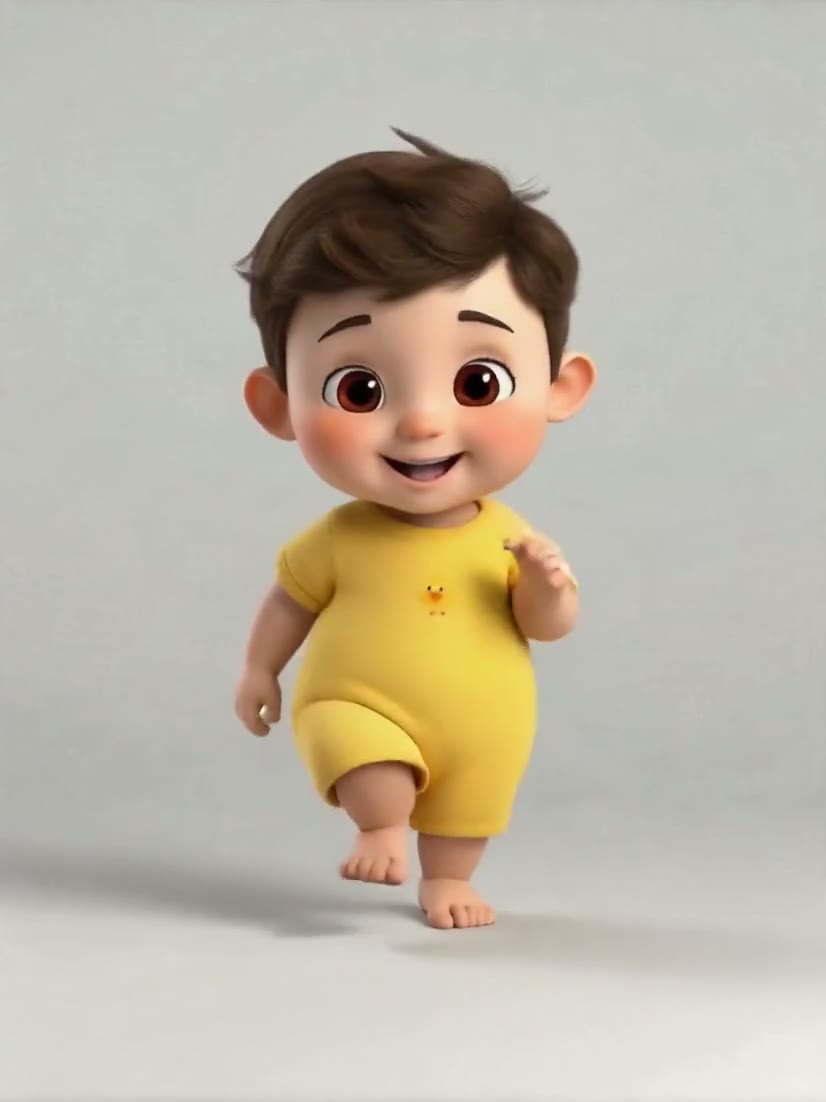A 3D cartoon baby character in a yellow onesie stands barefoot against a plain light grey background with one arm raised beside its head.