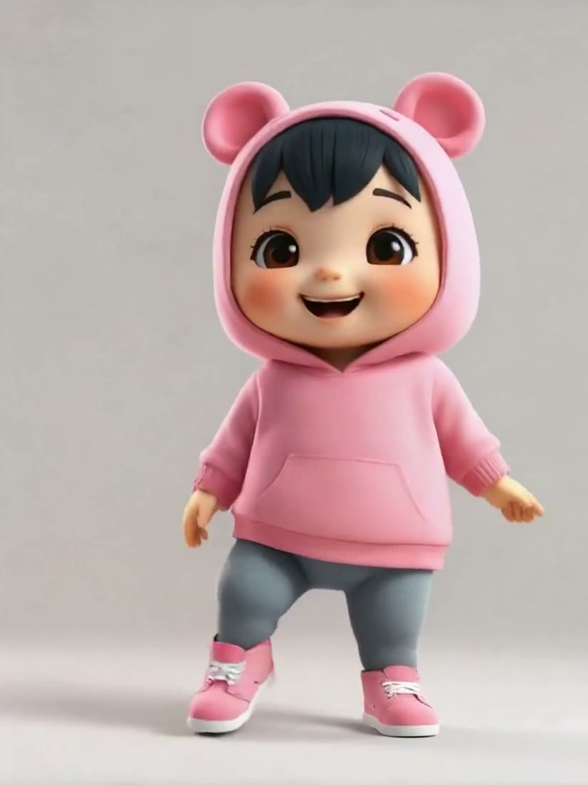 A 3D cartoon baby character in a pink bear-ear hoodie and grey leggings points one arm up and to the side against a plain light grey background.