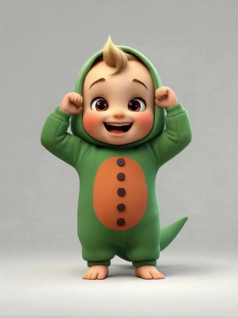 A 3D cartoon baby character in a green dinosaur onesie holds both fists up beside its head, smiling, against a plain light grey background.