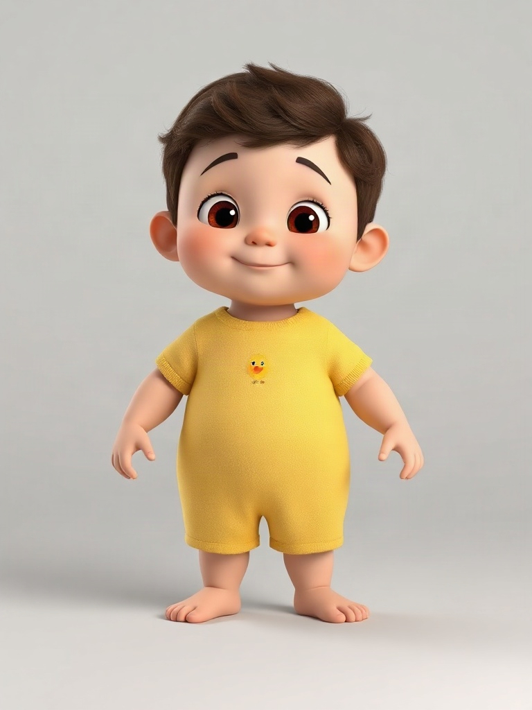 The character that went in: a 3D cartoon baby character in a yellow onesie, standing barefoot and facing the camera against a plain grey background.