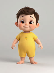 A 3D-cartoon baby character with short brown hair in a yellow onesie, standing against a grey background.
