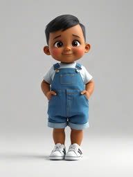 A 3D-cartoon baby character with black hair in blue dungarees and white trainers, standing against a grey background.