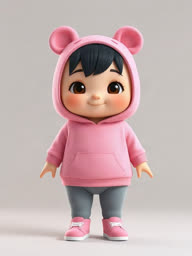 A 3D-cartoon baby character in a pink hoodie with bear ears, standing against a grey background.