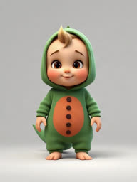 A 3D-cartoon baby character in a green dinosaur onesie with a hood, standing against a grey background.