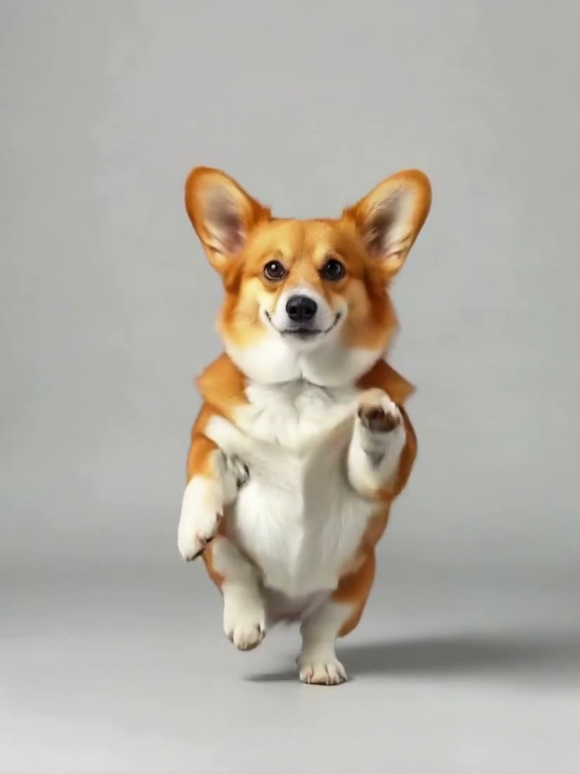 A corgi stands on its hind legs against a plain light grey background, one front paw raised above its head and its mouth open.