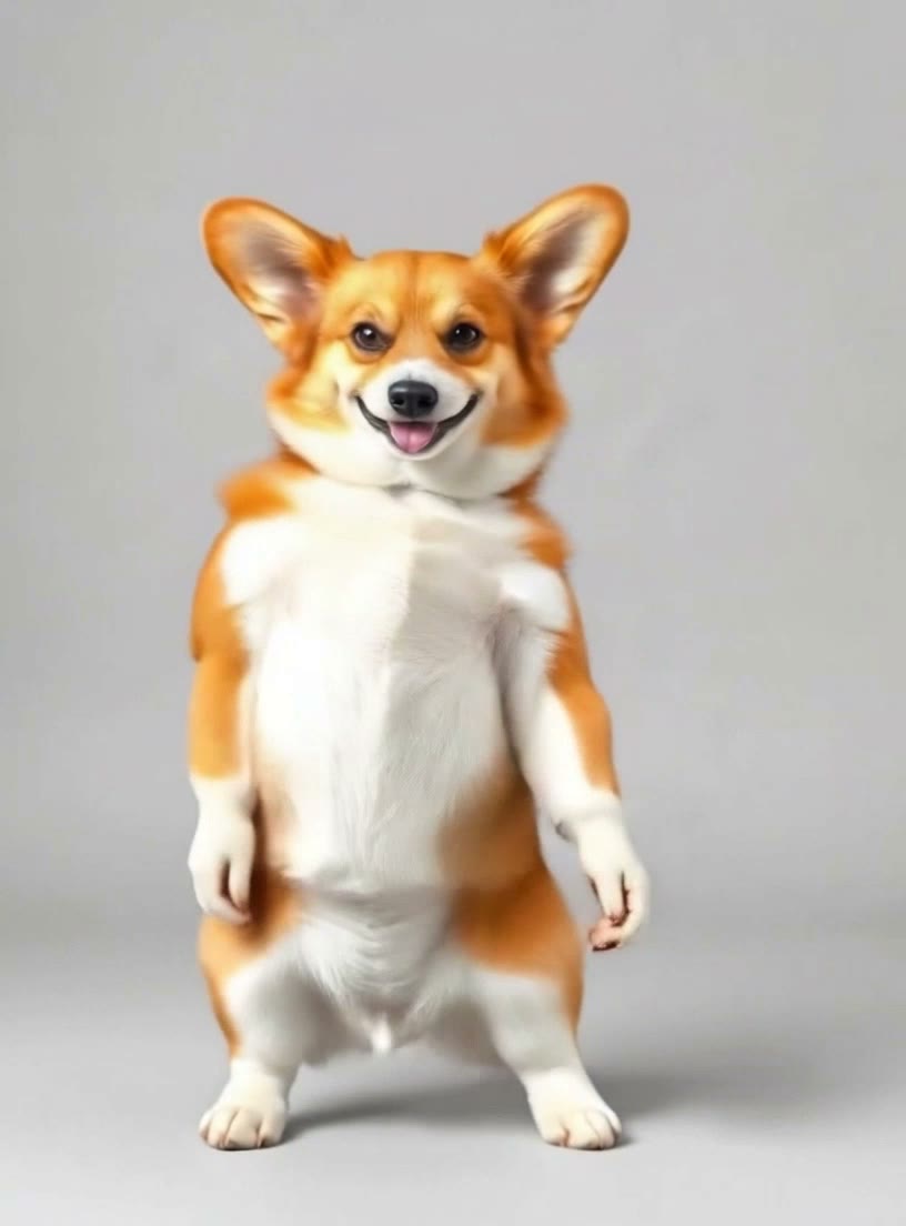 A corgi stands upright on its hind legs against a plain light grey background, smiling with its tongue out, front paws down at its sides.