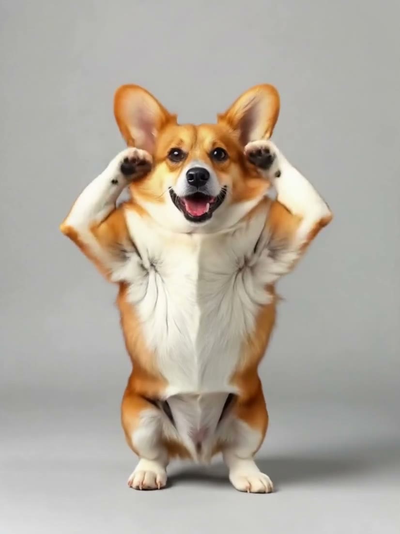 A corgi stands on its hind legs with both front paws raised beside its head and its mouth open, against a plain light grey background.